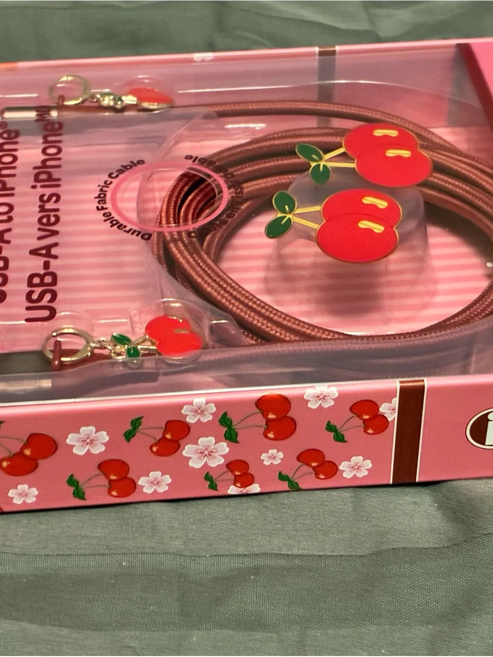 edge Red Fabric USB-A to iPhone Cable with Cherry Charms